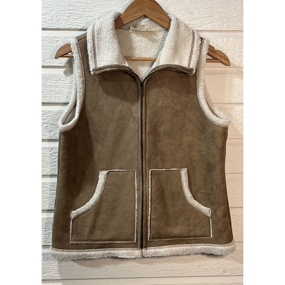 Ann Taylor Loft faux suede fleece Lined Vest Size Medium Tan Cream Full Zip